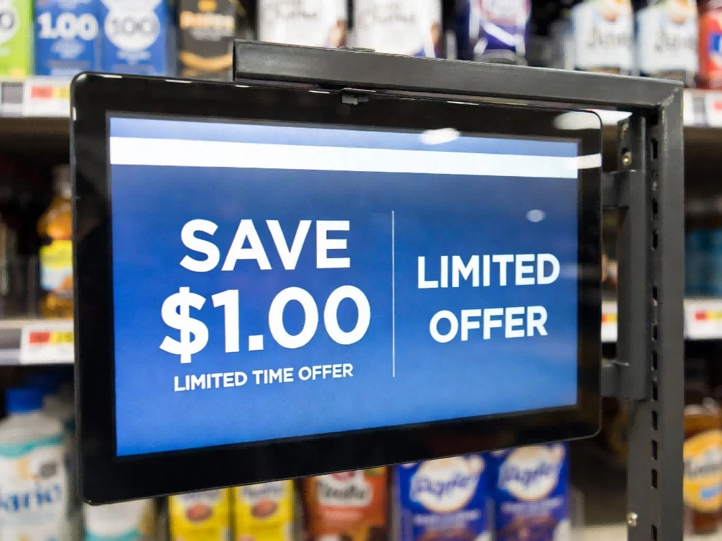 Bar LCD Display for Retail Shelf Signage showing dynamic pricing and promotional content on store shelves, highlighting industrial-grade panels from BOE and LG Display Bar LCD Display for Retail Shelf Signage showing dynamic pricing and promotional content on store shelves, highlighting industrial-grade panels from BOE and LG Display