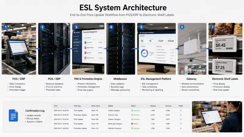 POS and ERP data flow through middleware and an ESL platform to electronic shelf labels POS and ERP data flow through middleware and an ESL platform to electronic shelf labels