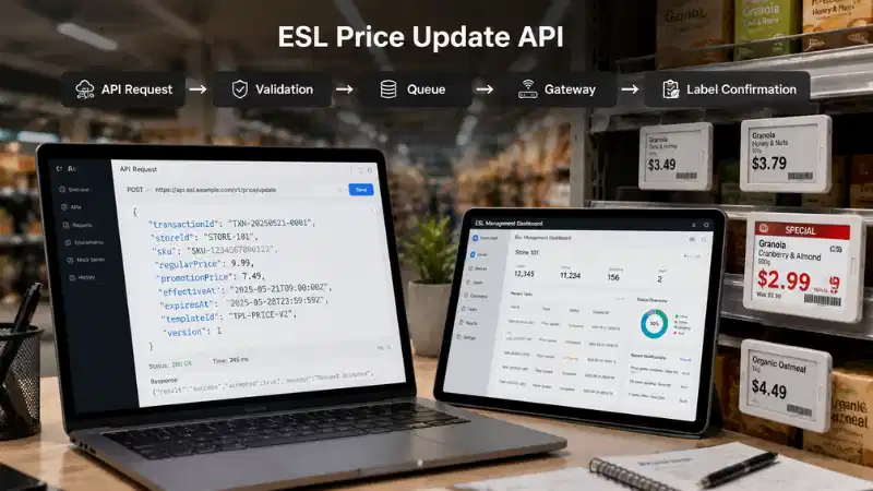 Electronic shelf label API request showing price, store, product, timing, and transaction fields Electronic shelf label API request showing price, store, product, timing, and transaction fields