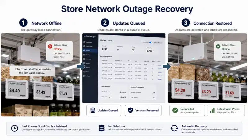 Electronic shelf label network outage recovery with queued updates, version control, and reconciliation Electronic shelf label network outage recovery with queued updates, version control, and reconciliation