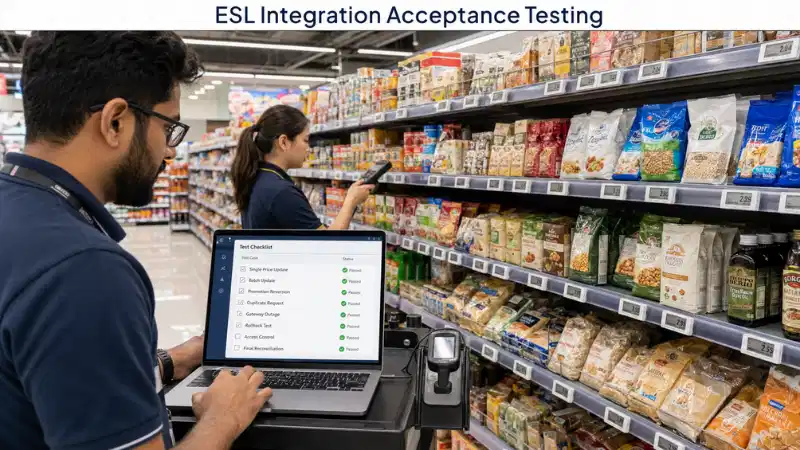 Retail team testing POS and ERP integration with electronic shelf labels before store rollout Retail team testing POS and ERP integration with electronic shelf labels before store rollout