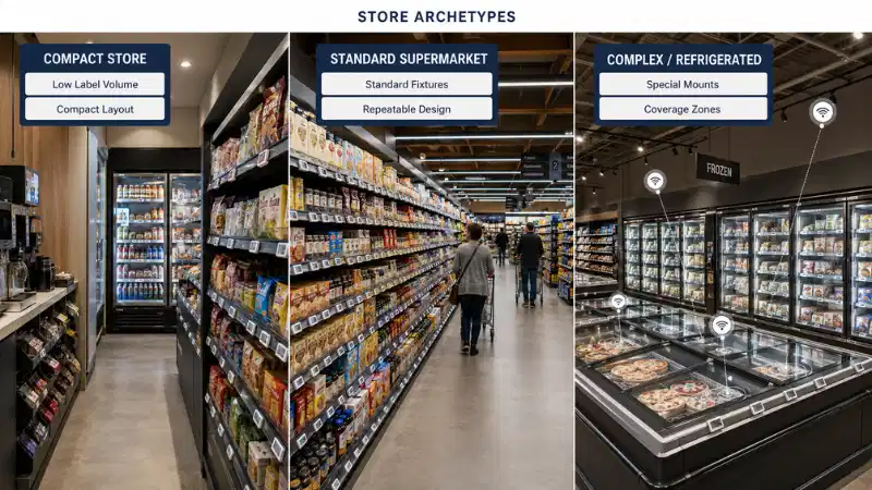 Three retail store archetypes used to plan electronic shelf label deployment Three retail store archetypes used to plan electronic shelf label deployment