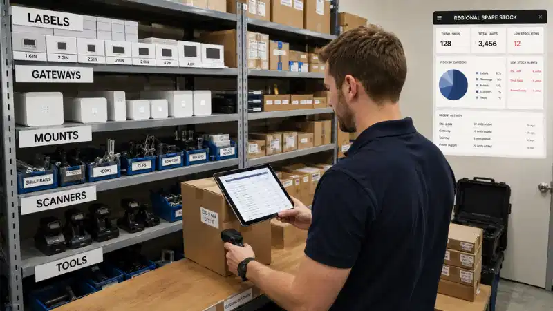 Regional spare inventory of electronic shelf labels, gateways, mounts, and binding equipment Regional spare inventory of electronic shelf labels, gateways, mounts, and binding equipment